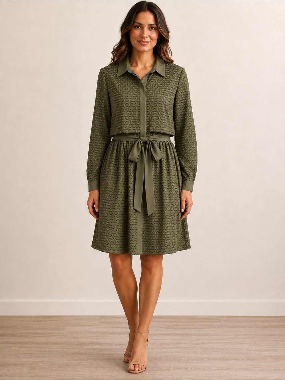 NY Collection Women's Olive Green Textured Shirt Dress Belted Long Sleeve XL NWT